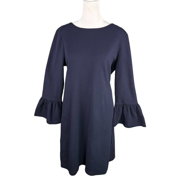 J. Crew Factory Dresses & Skirts - J Crew Factory M Solid Ruffle Sleeve Shift Dress Navy Blue Textured Cotton Blend